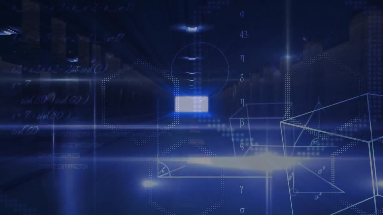 디지털 큐브와 수학 기호가 어두운 복도에서 떠다니고 있습니다.