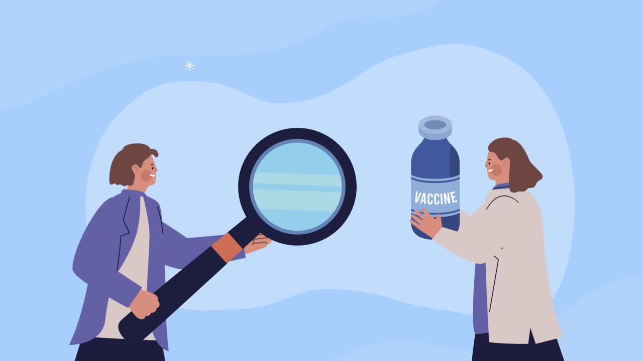 female scientists with vaccine vial and magnifying glass