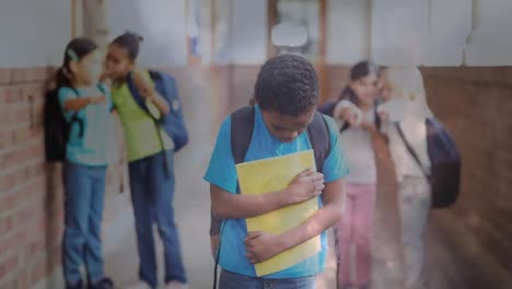 animación digital de un niño siendo intimidado por los compañeros de clase en la escuela 4k