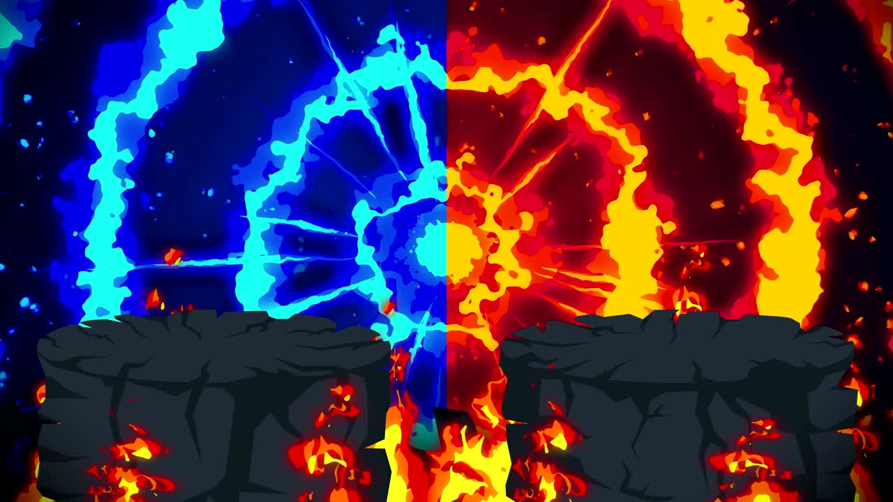 만화 불 애니메이션. 불꽃 루프 배경. 경쟁. 전투 게임.