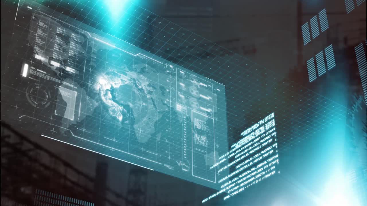 데이터 처리 및 건설 현장에 대한 파란색 빛 스 ⁇ 과의 인터페이스의 애니메이션