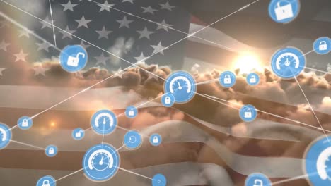 Animation-of-network-of-connections-with-icons-over-flag-of-united-states-of-america-and-sky