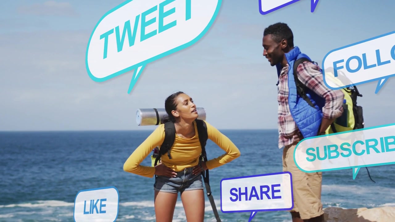 Hikers adjusting packs and talking on coast with social media bubbles appearing for sharing