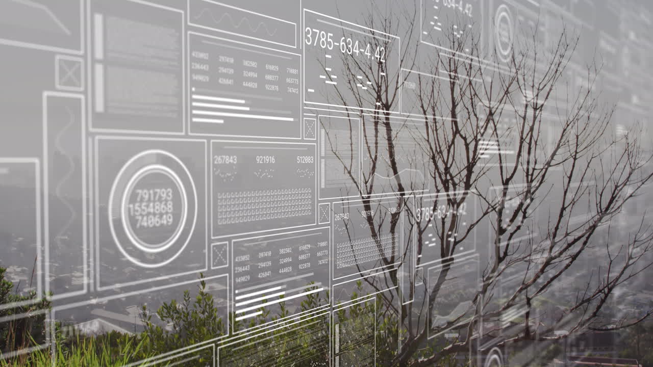 animación de la interfaz con el procesamiento de datos frente a una vista aérea del paisaje urbano