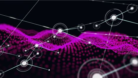 Animation-of-network-of-connections-over-purple-wave-on-black-background