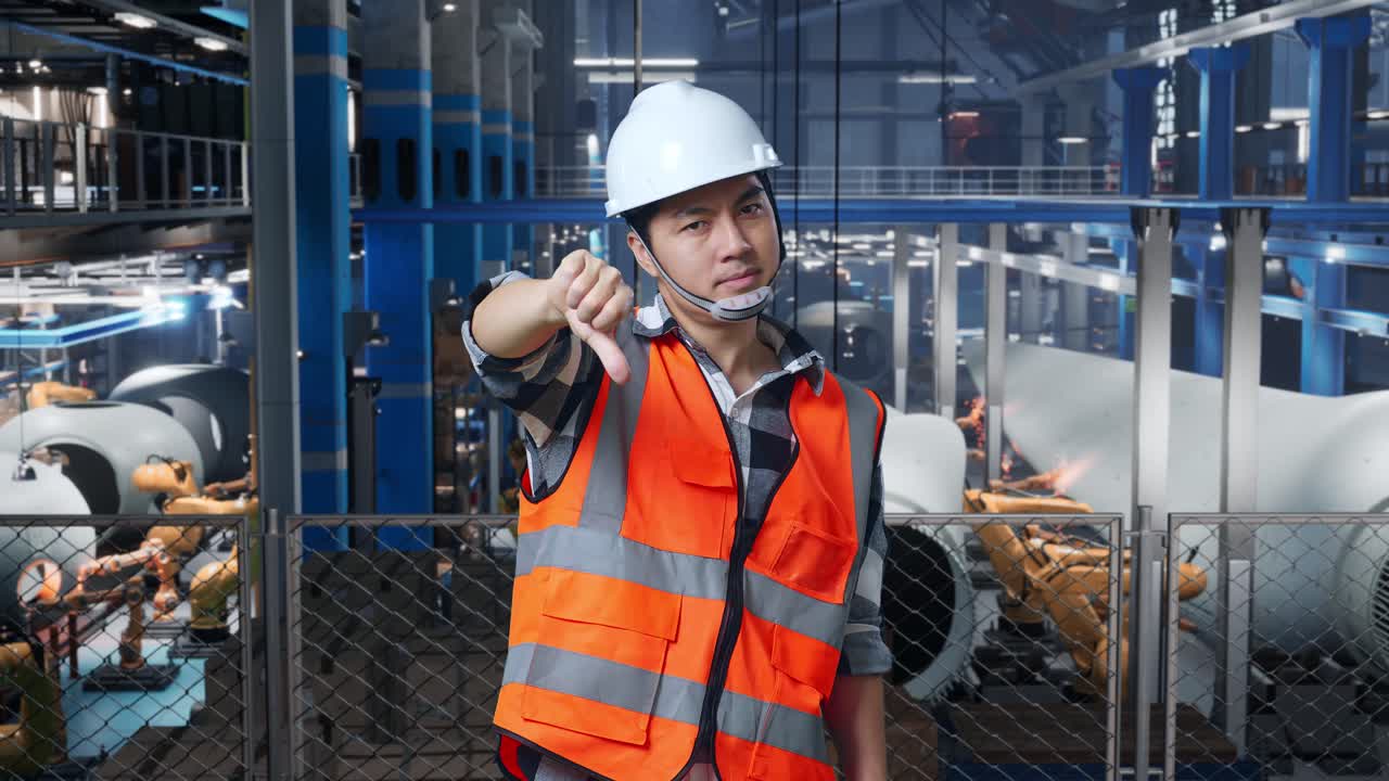 안전 헬을 입은 아시아 남성 엔지니어가 풍력 터빈 제조 공장에서 서서 엄지손가락을 내려놓고 로 팔이 작동하는 동안 머리를 흔들고 있습니다.