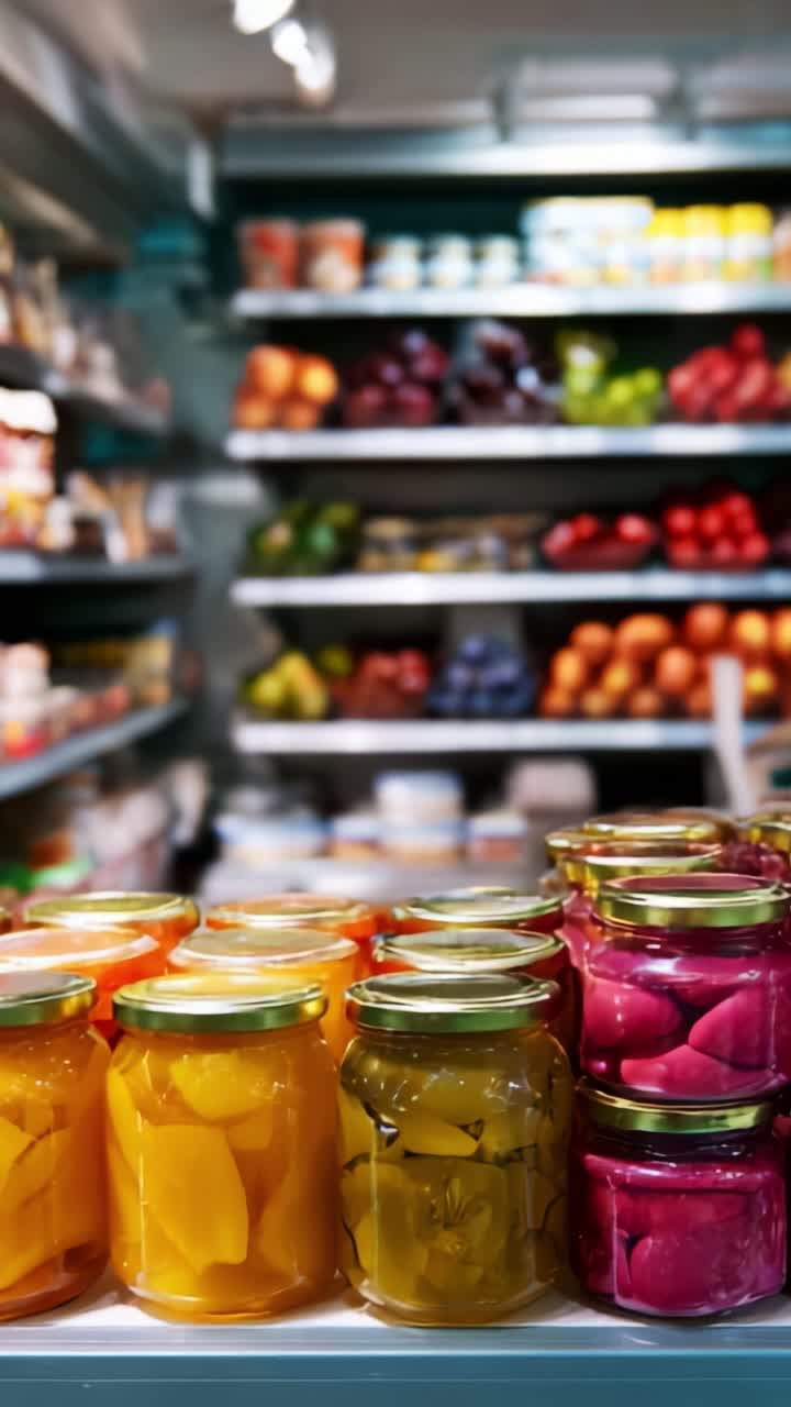 Exhibición colorida de tarros llenos de frutas y verduras en conserva en una estantería de supermercado rodeada de productos frescos, que muestra variedad y vitalidad