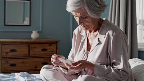 elderly woman taking medication in bed