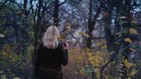 frightened woman walks through the woods at dusk illuminates her way with a flashlight