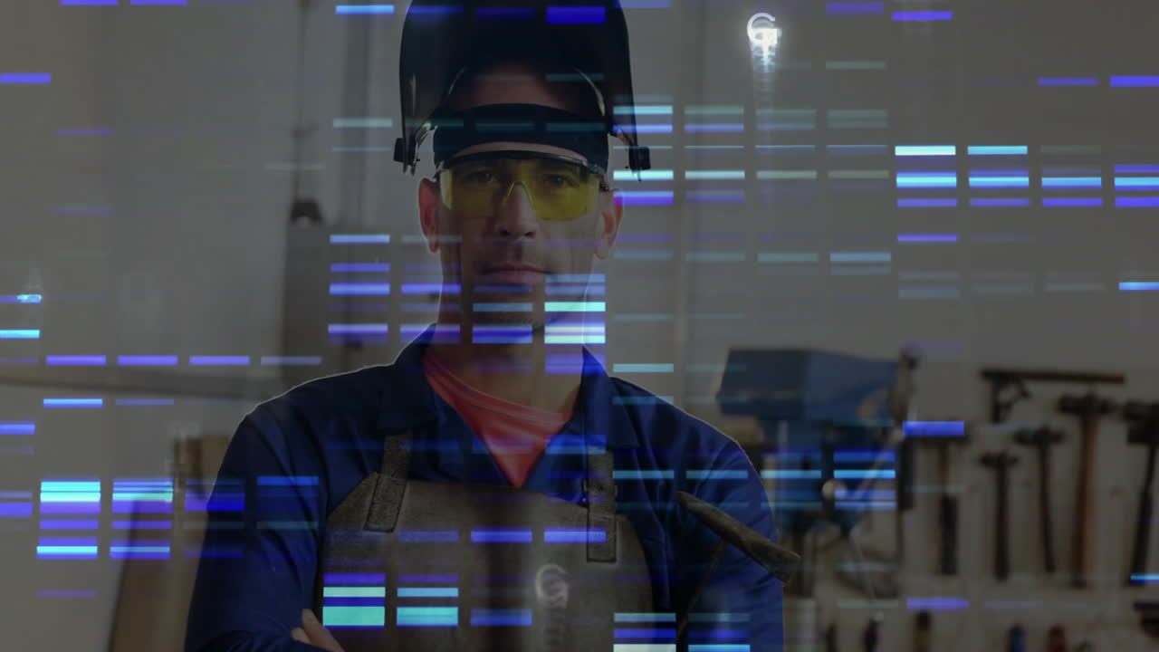 Welder wearing helmet and glasses in workshop, showcasing animated tech data bars over machinery