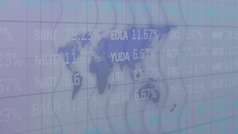 Animation-of-stock-market-data-processing-over-world-map-against-wave-textured-white-background