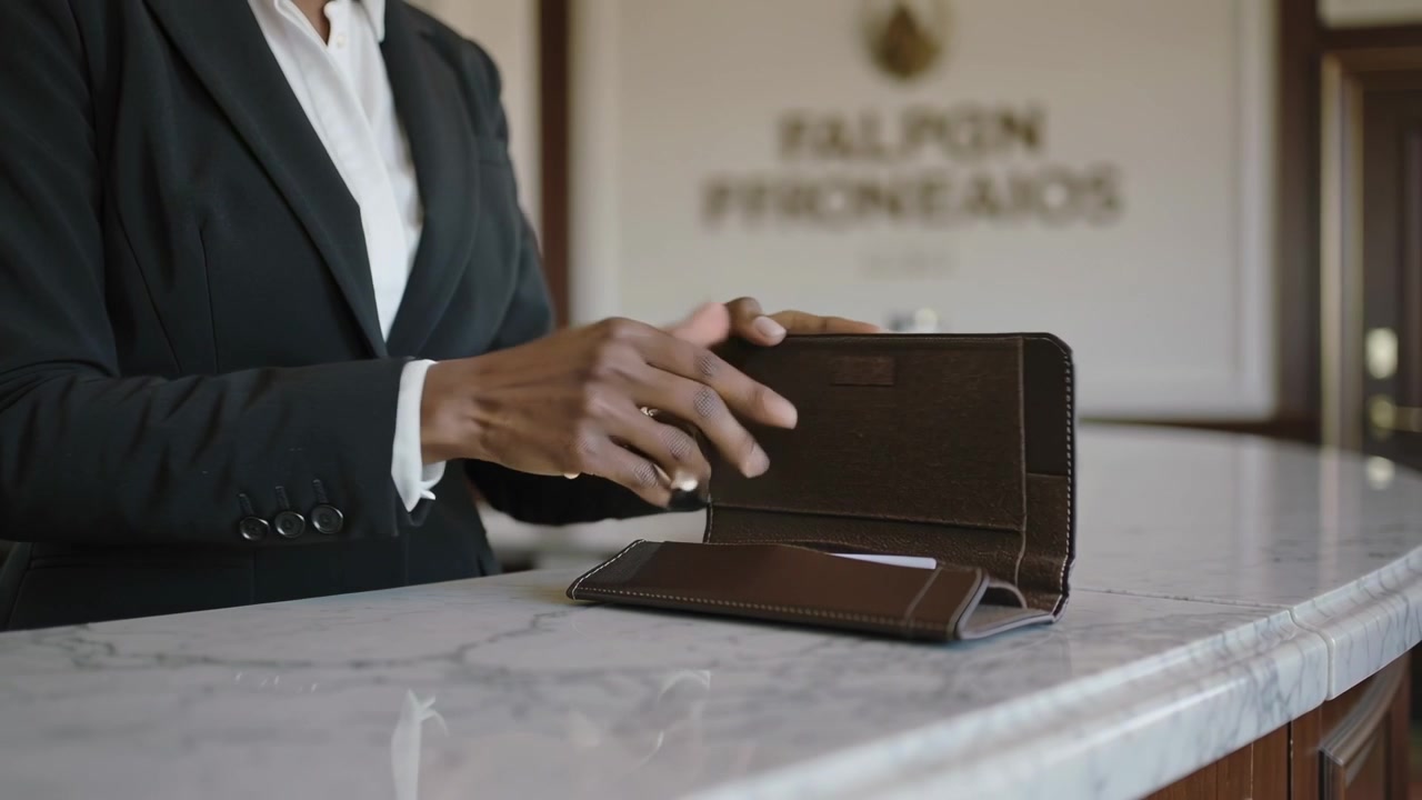Rimozione di un cartoncino bianco, receptionist in completo scuro che chiude una cartella al banco dell'accettazione, concludendo l'interazione
