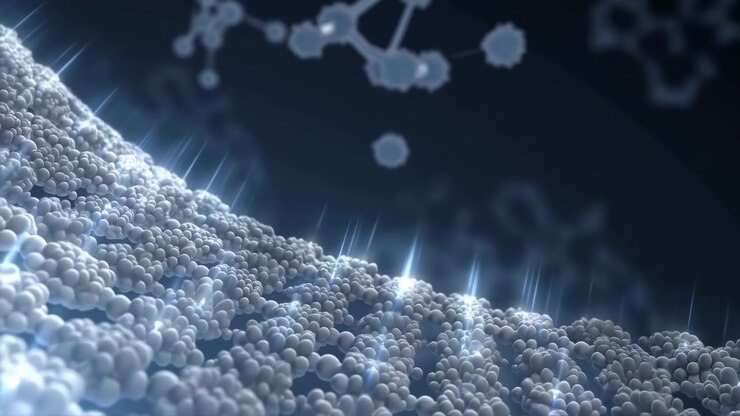 Scena astratta a bassa angolazione che mostra dense sfere bianche che formano una rete a strati in primo piano con riflessi cangianti, forme di particelle sfocate, sfondo blu-grigio freddo e profondità scientifica luminosa