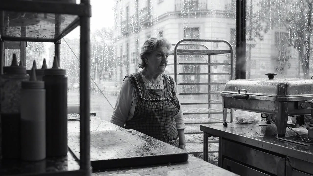 Un momento contemplativo catturato in bianco e nero che mostra una donna in cucina, che guarda fuori attraverso una finestra bagnata dalla pioggia, evocando nostalgia e contemplazione.