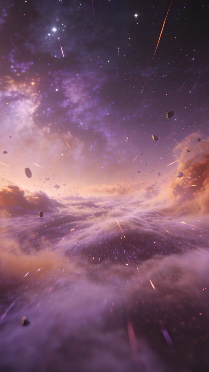 Vertical video: Pushing camera revealing meteors passing over nebula, with asteroids and stars