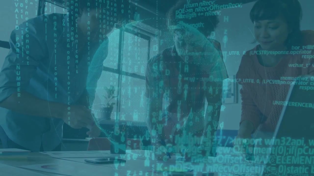 Center lead reaching note, team adjusting layout and checking laptop, tech hologram mapping plan