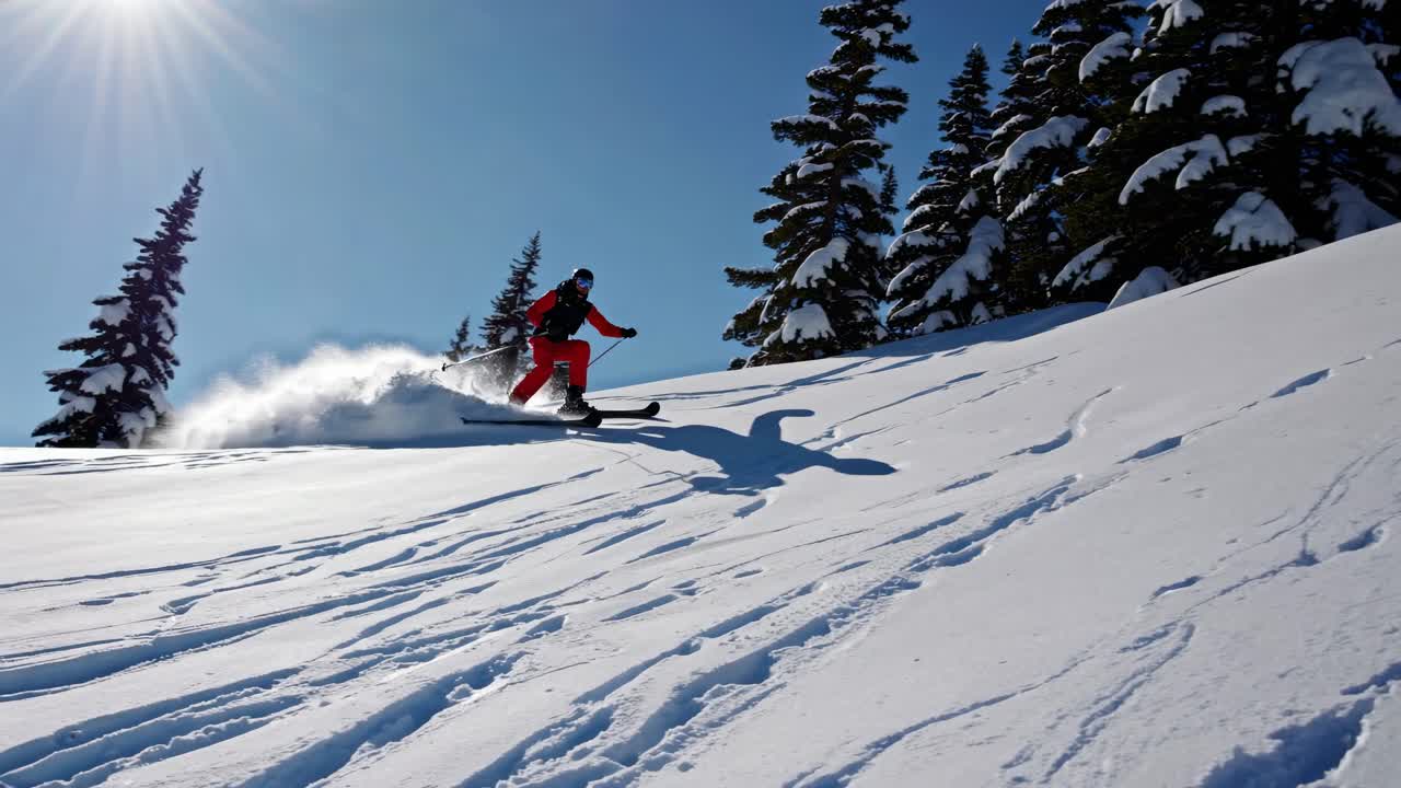 Dynamic video still of a skier in bright gear carving through fresh snow on a sunny slope