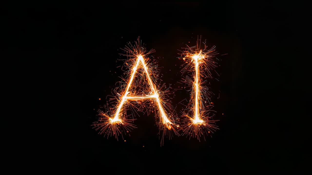 Flaring letters AI emitting gold sparks, embers on dark backdrop after burst, keeping legibility
