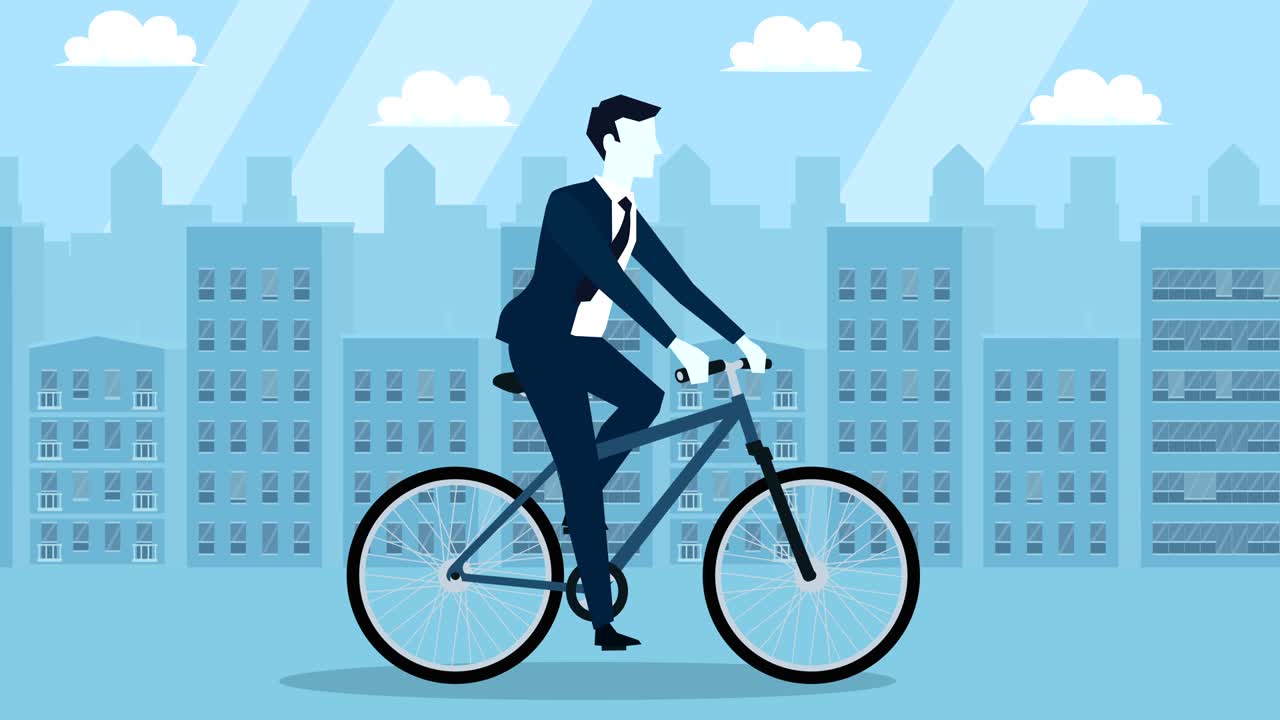 파란 스타일 사업가 자전거 타는 평평한 만화 캐릭터 애니메이션