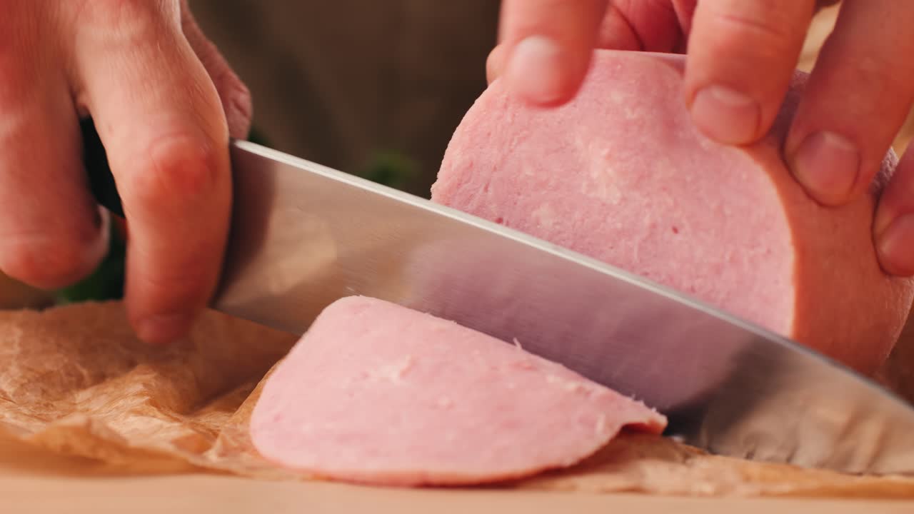 Ham italian mordatella, man Slices Of Traditional Italian antipasti mortadella sausage on a wooden cutting board, close up macro of chicken or turkey jamon, fat breakfast dish.