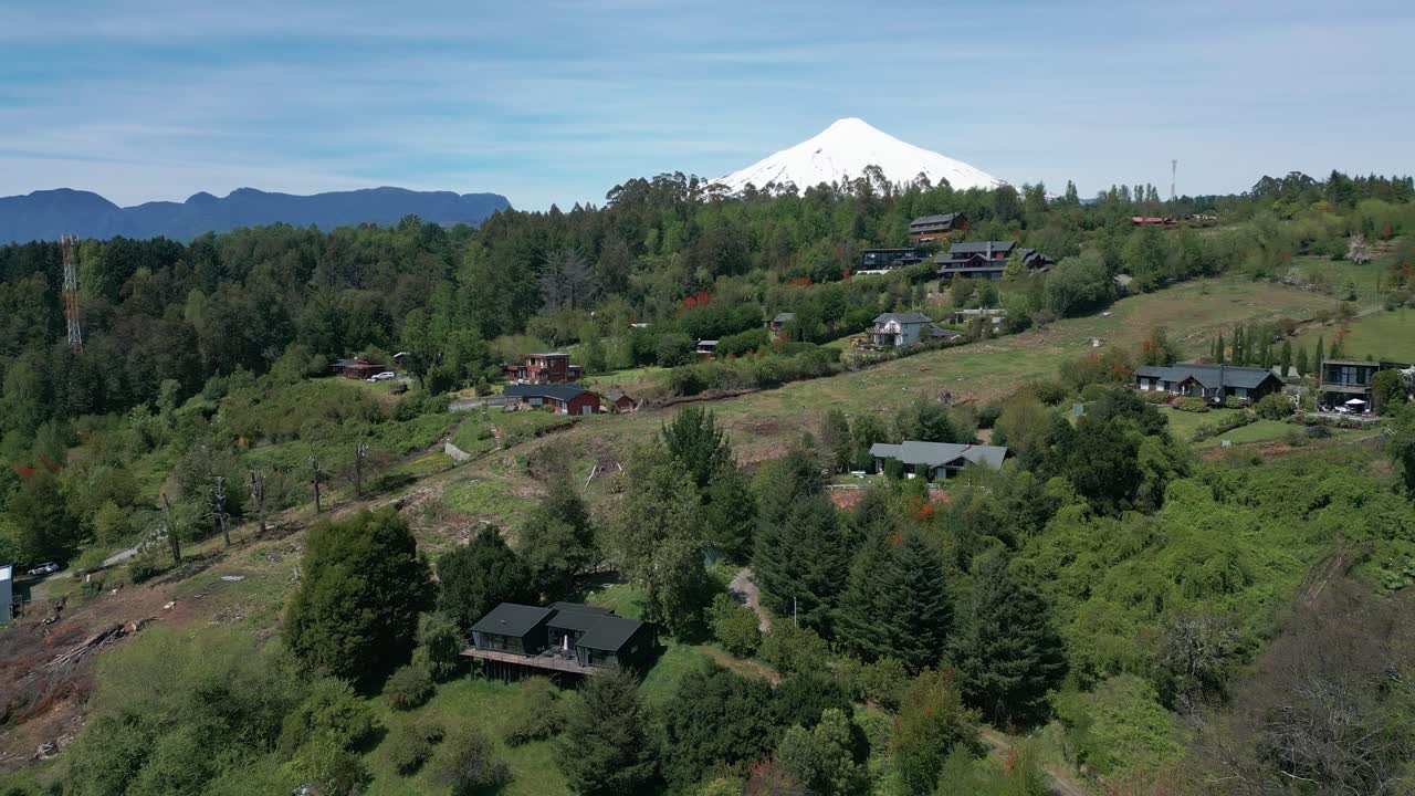 Drone Backward Shot Revealing Hillside Cabins and Villas Amid Lush Green Forests with the Snow-Capped Villarrica Volcano Dominating the Background in Southern Chile