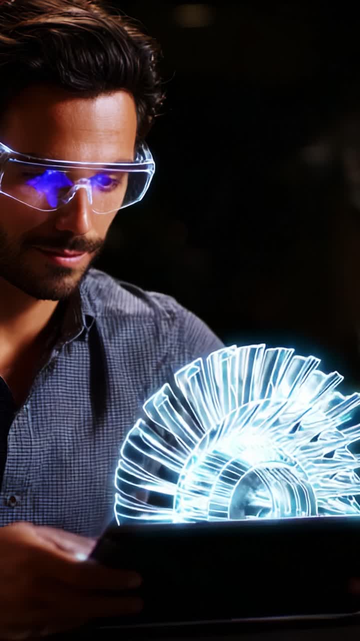 Innovativ ingeniør analyserer 3D-holografisk design af en mekanisk komponent for avanceret teknologi og ingeniørløsninger i et mørkt miljø