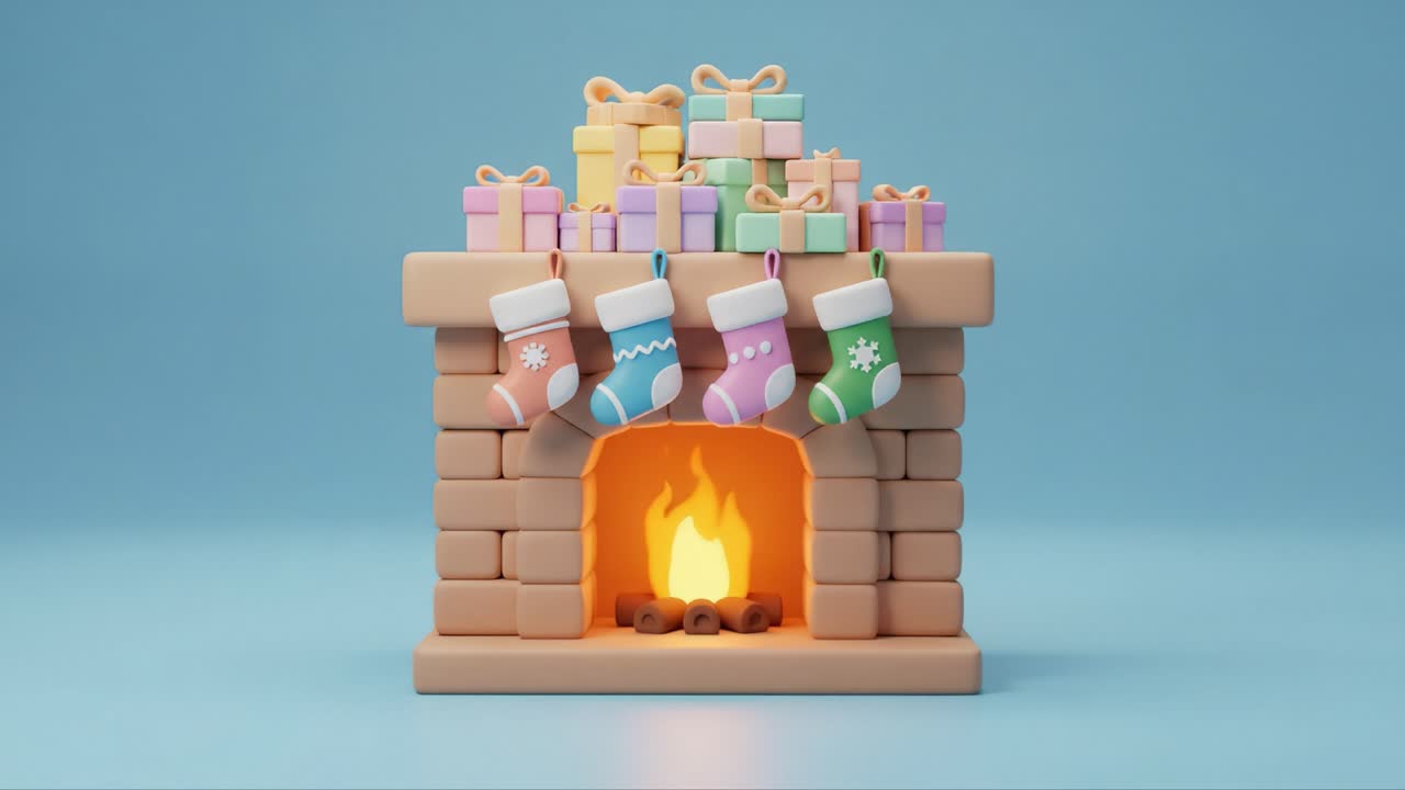 A Cozy Holiday Fireplace Decorated with Colorful Stockings and Presents, Radiating Cheerful Warmth for Seasonal Celebrations and Family Gatherings