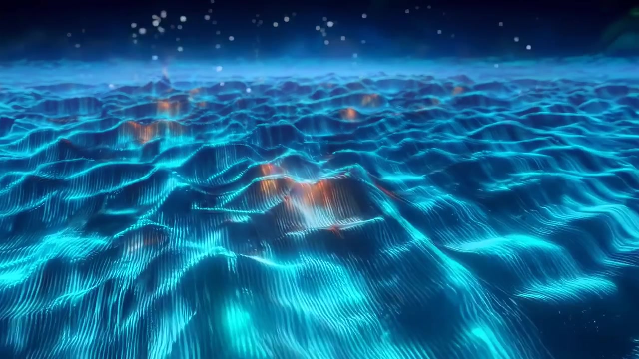 Onde digitali blu e arancioni luminose che scorrono in un cyberspazio astratto