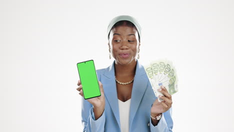 Phone,-cash-and-green-screen-with-a-black-woman