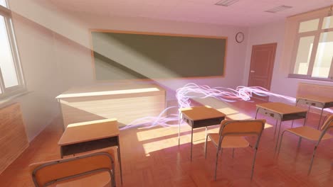 Leeres-Klassenzimmer-Der-High-School-Mit-Künstlicher-Intelligenz,-Warmem-Sonnenuntergangslicht,-Universitätsunterricht,-KI-übernimmt-Konzept,-3D-Rendering-Animation