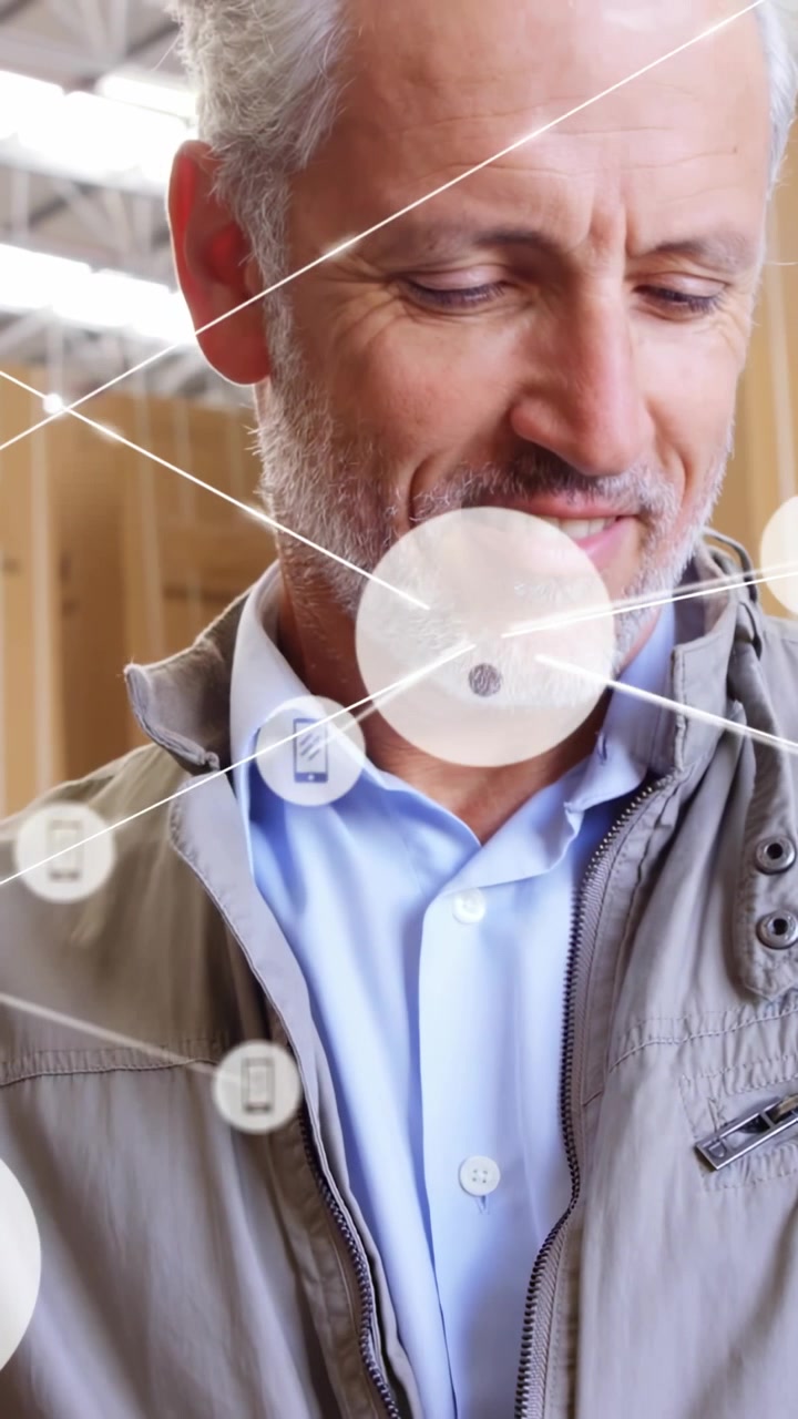 Video verticale: Uomo che tocca il telefono, generando nodi di rete luminosi che si espandono dalla schermata per la logistica.