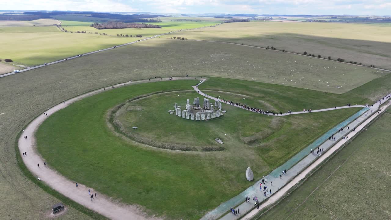 High angle drone,aerial Stonehenge prehistoric structure on Sainsbury plain UK