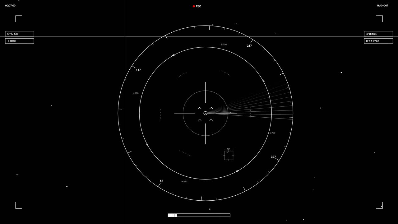Et sci-fi HUD-element med cirkulære radarlinjer og sigteskærme. Det er nyttigt til videoprojekter, der har brug for et futuristisk interface-design.