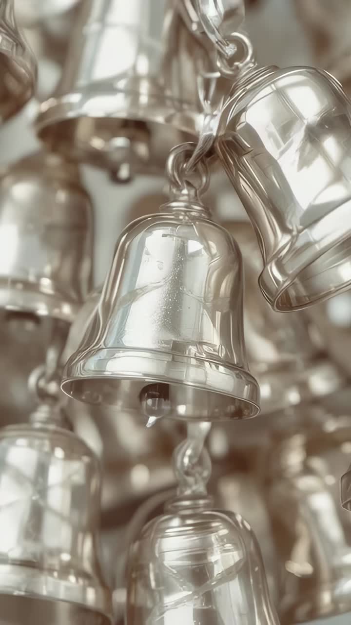 Vertical video: Camera panning center bell cluster on display, exposing braided links and clappers