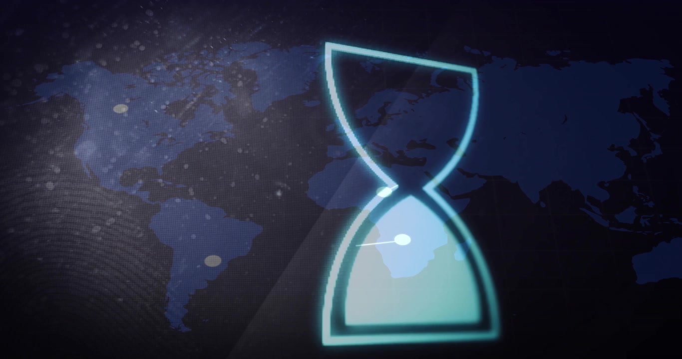 Reloj de arena cian al cargar, desvaneciéndose, dividiéndose y volviendo a ensamblarse mientras representa enlaces de datos globales