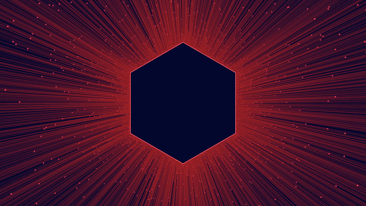 A dynamic geometric shape with red and blue lines emanating from the center, suggesting energy and movement. It conveys a powerful and vibrant aesthetic