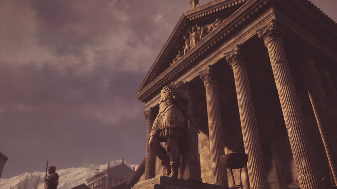 Majestic ancient columns under a dramatic sky at a historical site