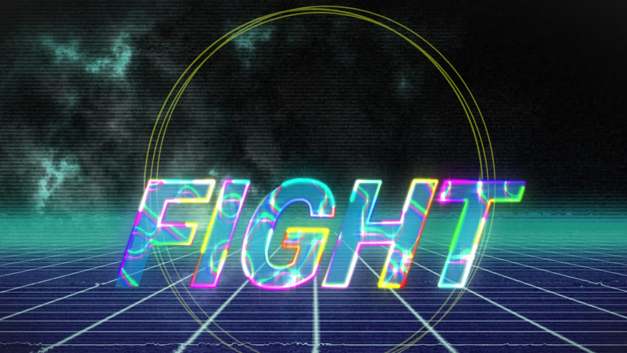 흑색 배경에 그리드 네트워크에 대한 원형 배너 위에 네온 반이는 싸움 텍스트 배너