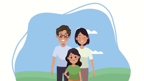 niña con padres pareja en el campamento personajes