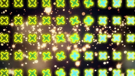 animación de marcas de x repetidas sobre fondo negro con luces doradas