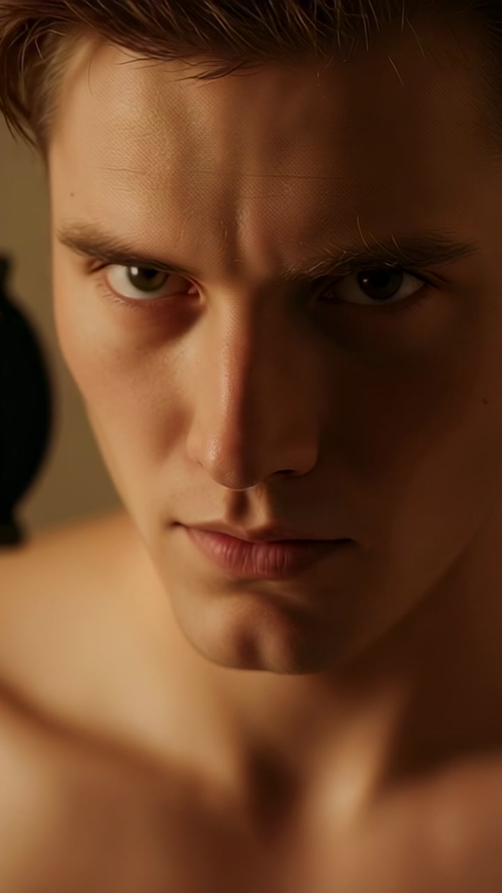 Vertical video: Lifting eyes, shirtless man shifting gaze to camera by studio lamp, engaging camera