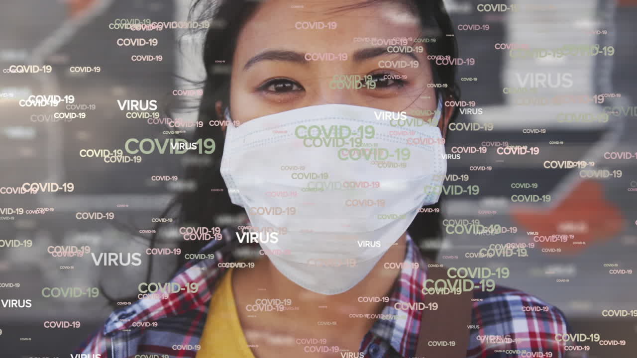 Animation of a woman with a mask over information in white letters popping