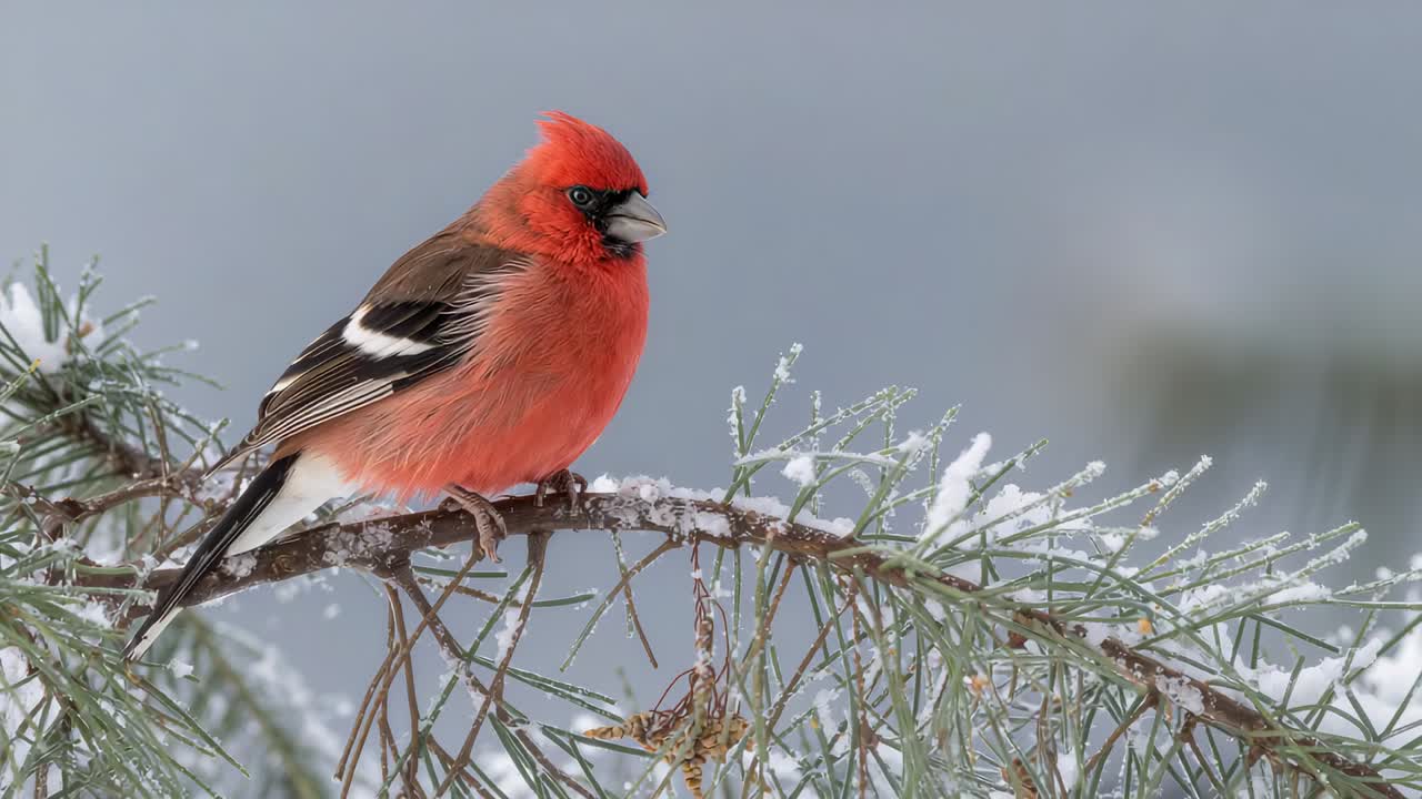 En lille, tør frøstand spottet, rødtoppede finker hakker og undersøger sneklædte, stedsegrønne grene for frø