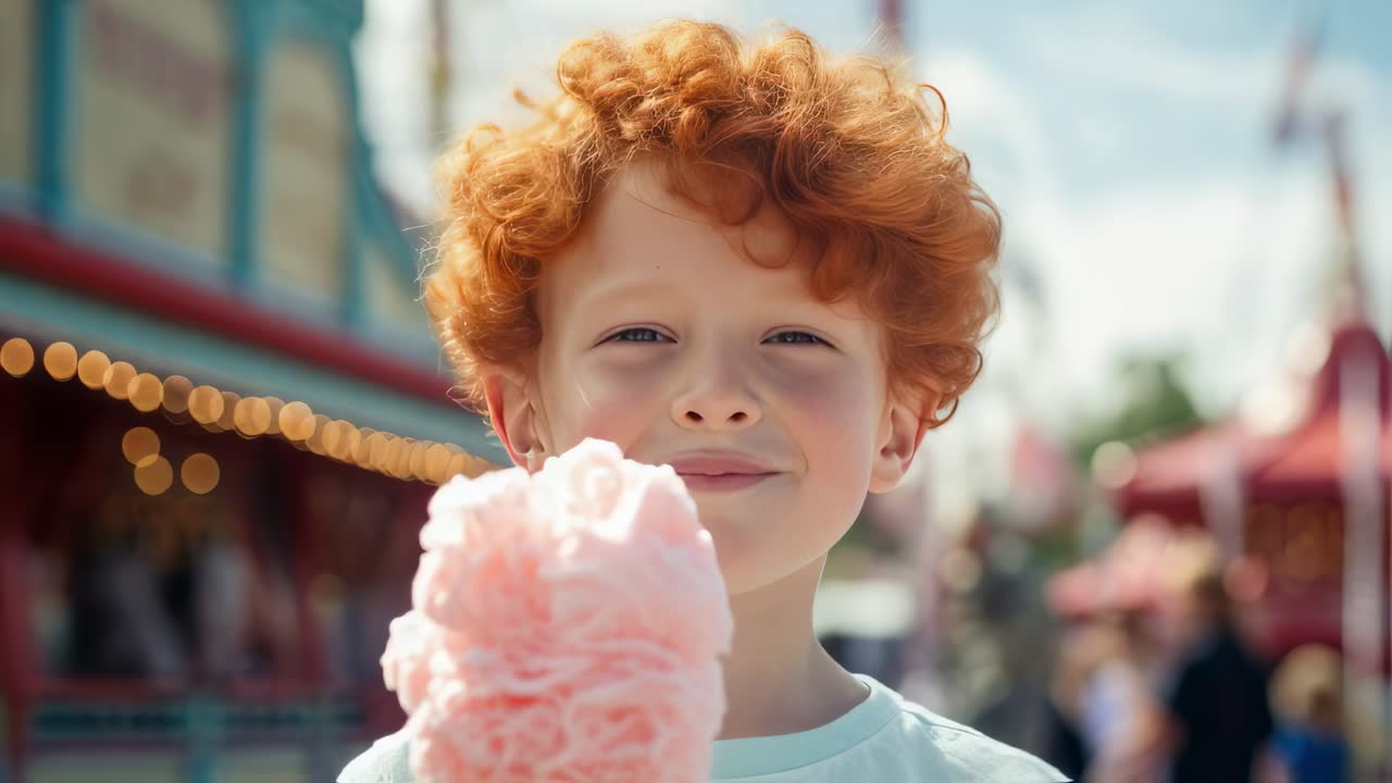 Red haired child smiling and eating a pink cotton candy at amusement park during a sunny summer day, with blurred colorful attractions in the background