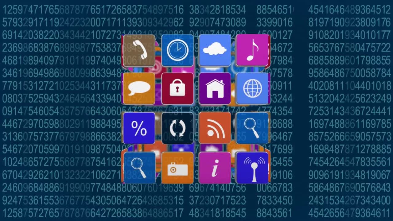 Animation of internet icons for social media in cube and numbers