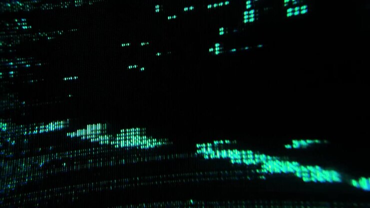 Glitchy green pixels flaoting and resetting, flickering blocks scattered on black CRT screen, analog glitch macro close-up texture.