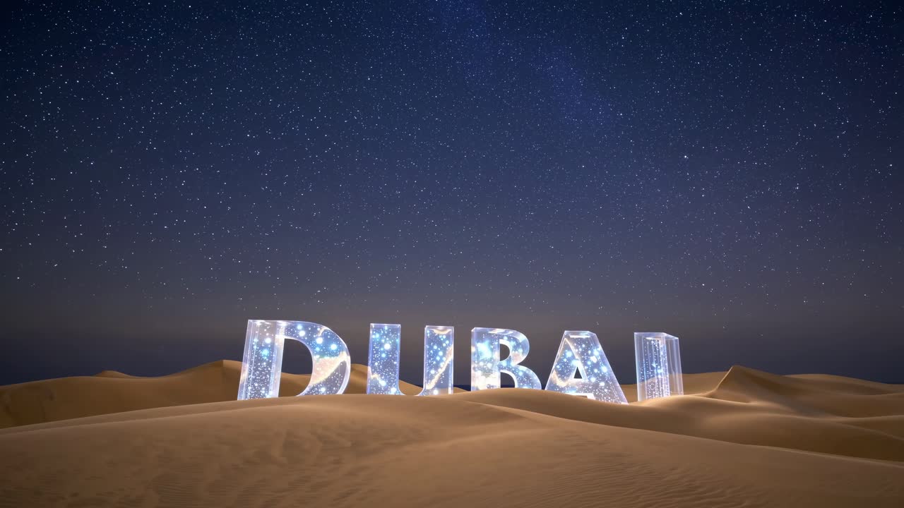 Dubai Desert at Night with Illuminated Sign