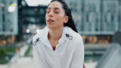 tired woman, fitness and breathing in city