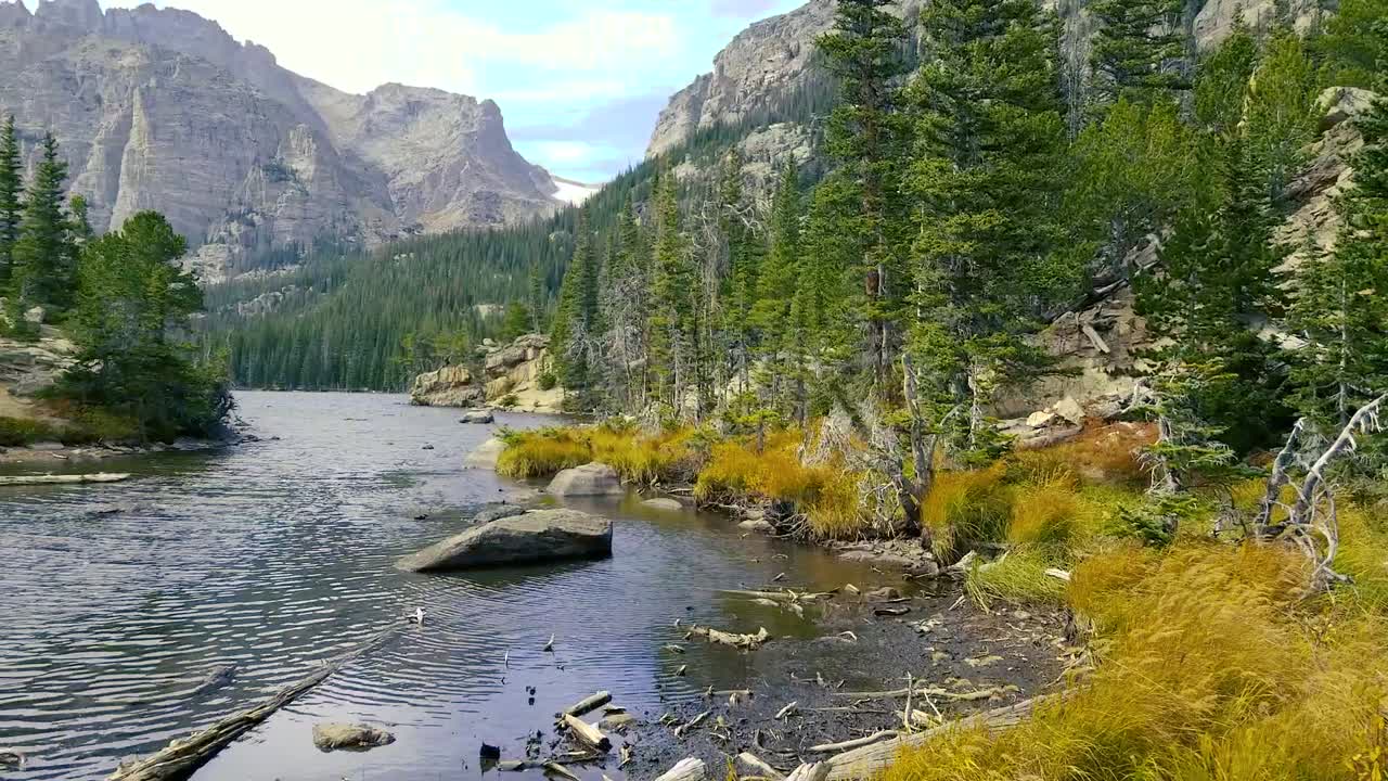 Panning shot of beautiful lake in rocky mountain national park