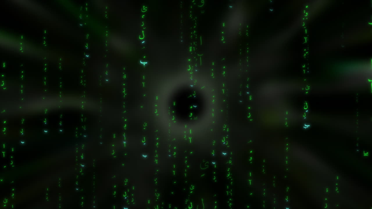 Arabic characters Flying in a 3D world as matrix operating system digital rain code - Islamic Animation Concept